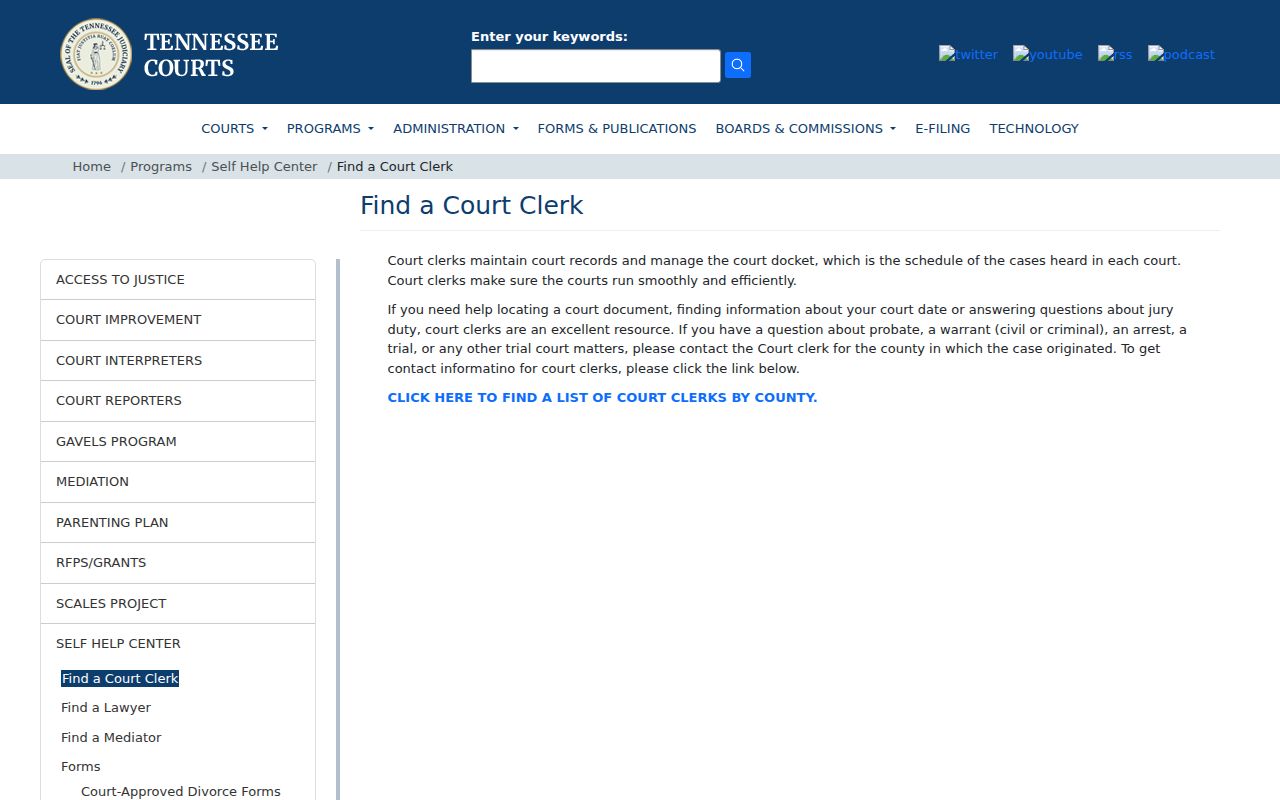 Find a court clerk route for a Claiborne County case search