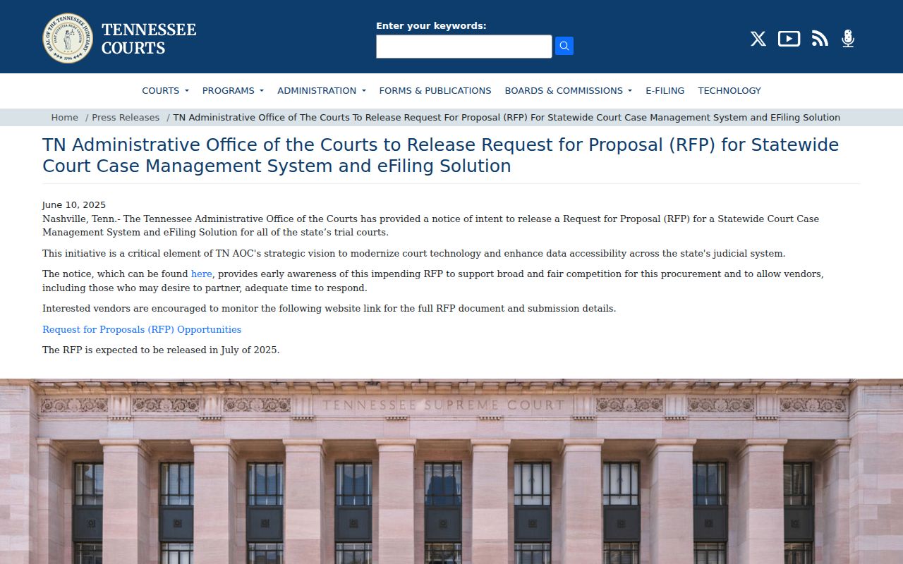 Claiborne County court calendar and statewide court technology notice