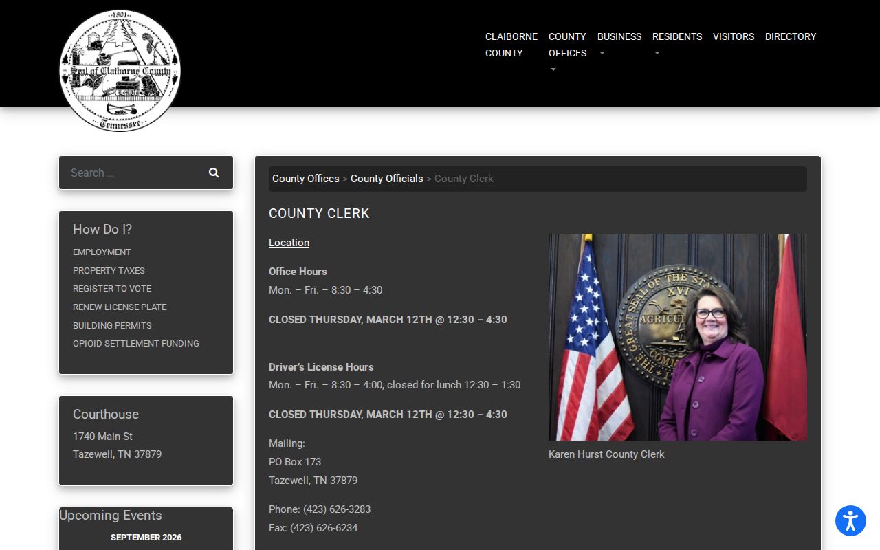 Claiborne County court records distinction on the County Clerk office page