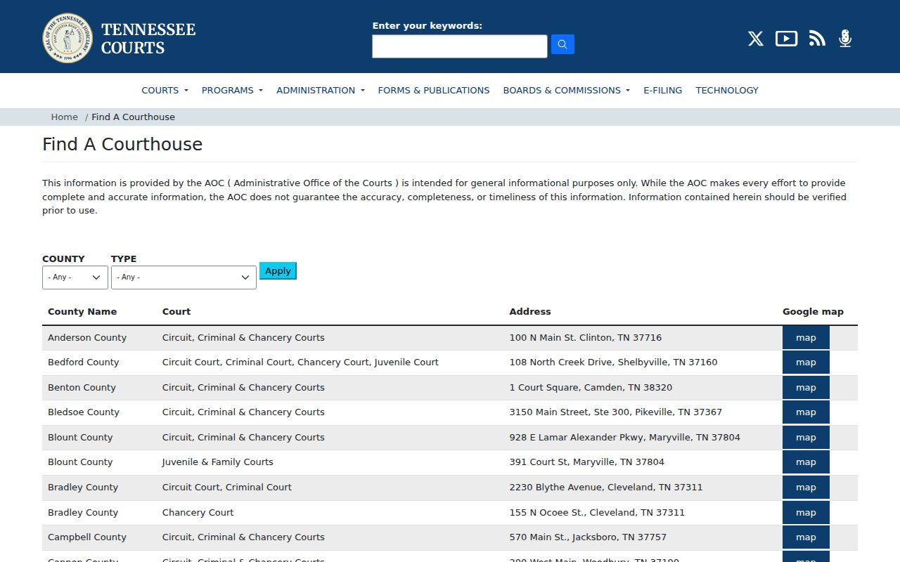 Claiborne County court docket locations in the AOC courthouse finder