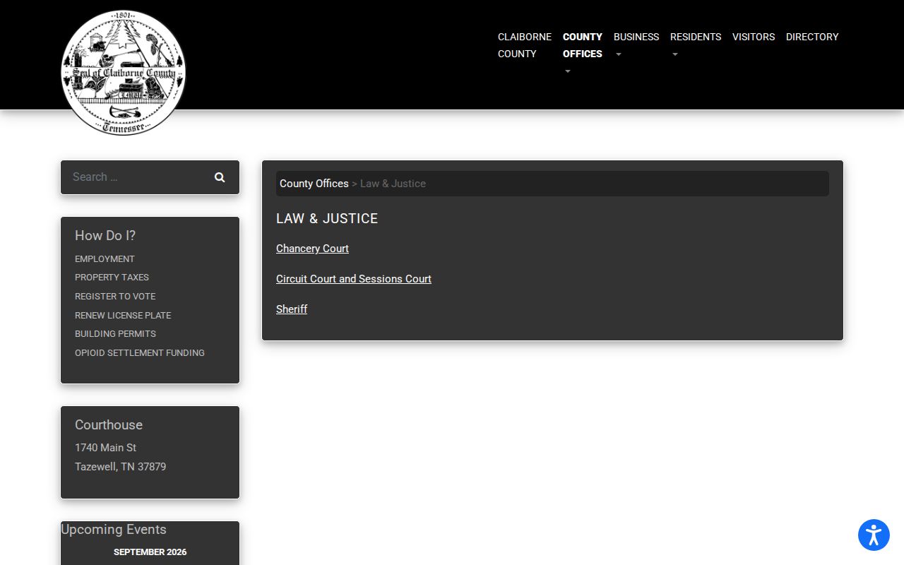 Claiborne County court docket offices in the Law and Justice directory