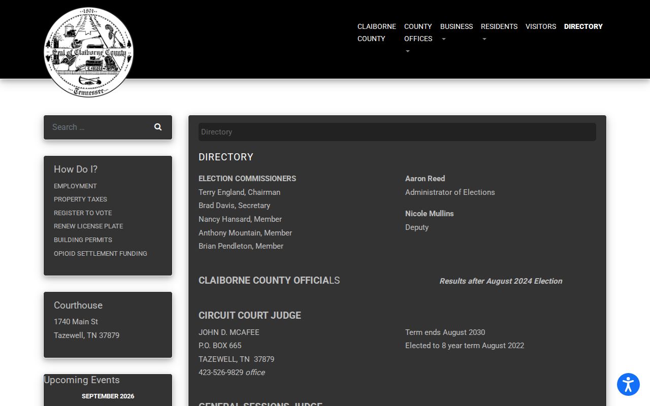 Claiborne County court docket officials in the county directory