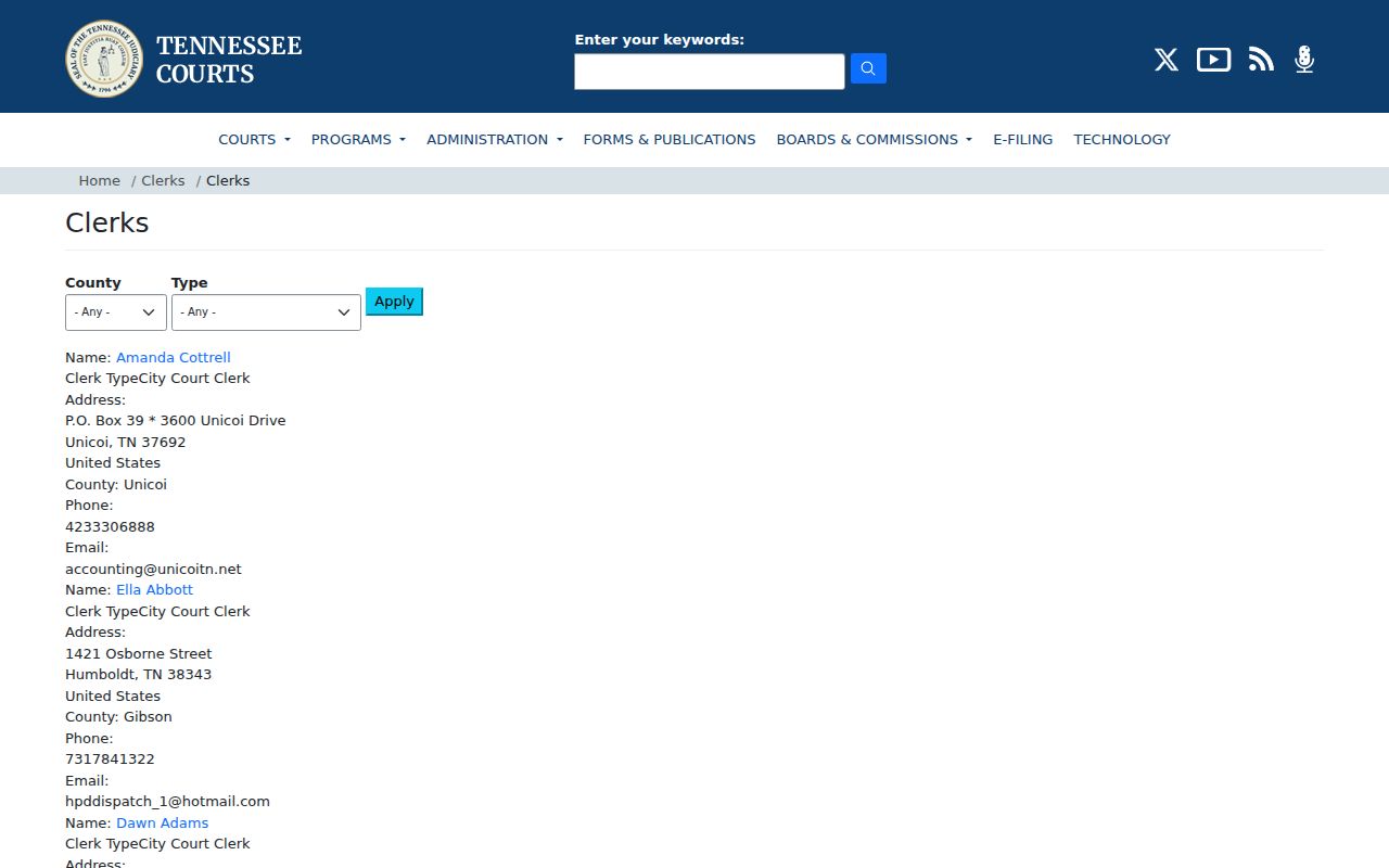 Claiborne County court docket clerk entries in the Tennessee clerk directory