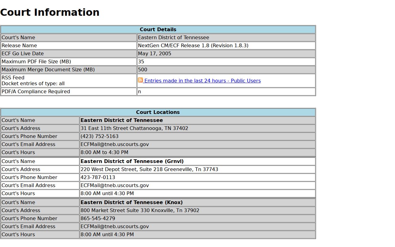 New Tazewell court docket and Eastern District CM ECF information