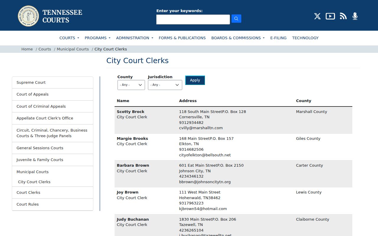 Claiborne County traffic court records and municipal clerk directory entries
